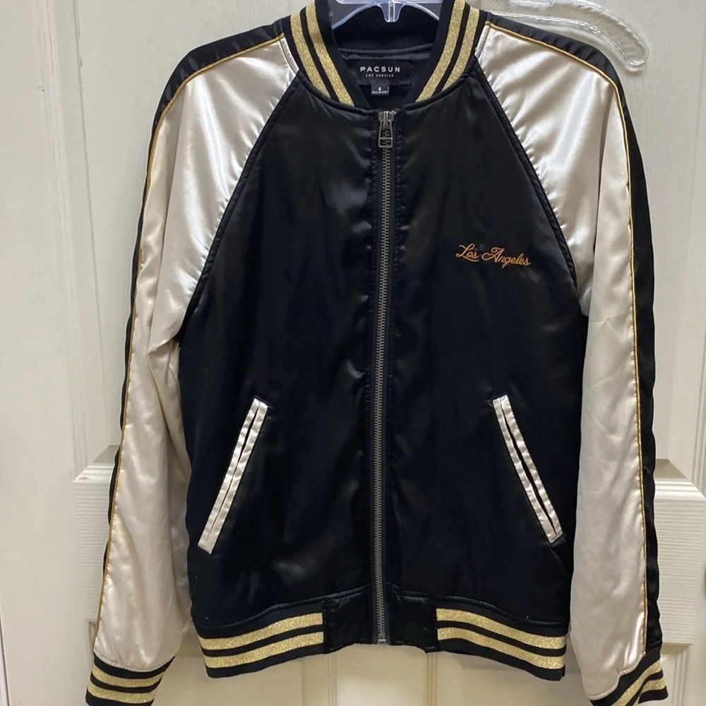 PACSUN Jacket Mens Small Black TIGER LOS ANGELES Satin Bomber Coat Embroidered
